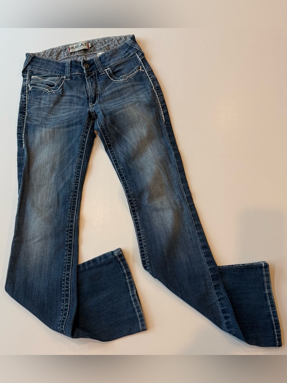 Ariat REAL Women’s 27R Mid Rise Stretch Entwined Boot Cut Blue Jean Denim Faded